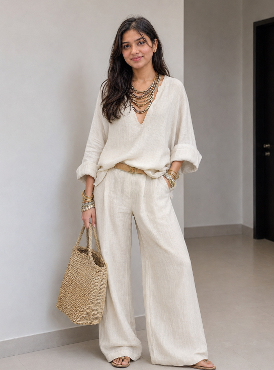 Independent Site Cross-Border Fashion Casual Natural Linen Loose Vacation Set White Black