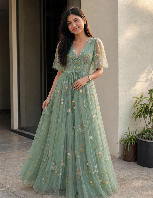 European and American evening dress foreign trade green tulle dance dress puff sleeve V-neck flower floor-length V-neck sexy long dress