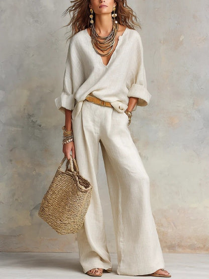 Independent Site Cross-Border Fashion Casual Natural Linen Loose Vacation Set White Black