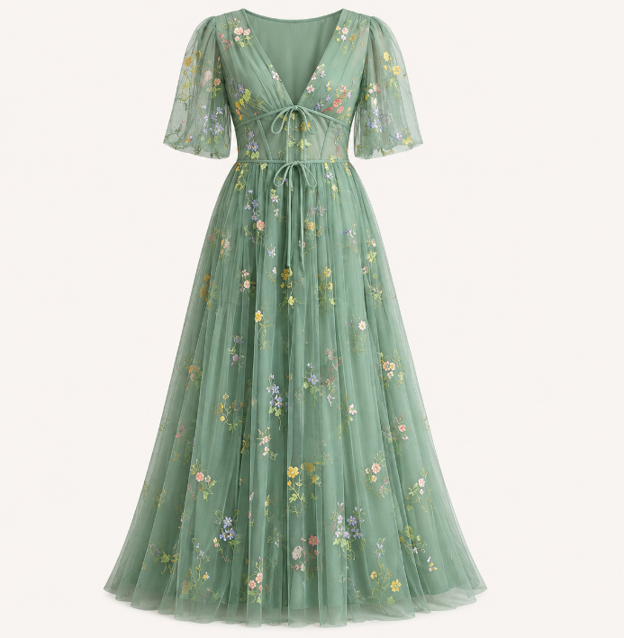 European and American evening dress foreign trade green tulle dance dress puff sleeve V-neck flower floor-length V-neck sexy long dress