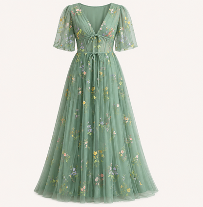 European and American evening dress foreign trade green tulle dance dress puff sleeve V-neck flower floor-length V-neck sexy long dress