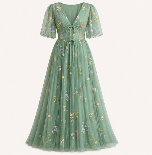European and American evening dress foreign trade green tulle dance dress puff sleeve V-neck flower floor-length V-neck sexy long dress